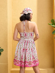 Women Pink & White Floral Halter Neck Short Dress