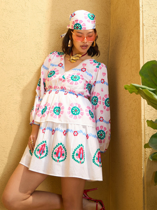 Women White Floral Wrap Neck Short Dress