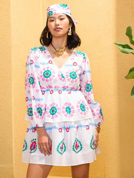 Women White Floral Wrap Neck Short Dress