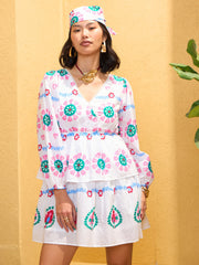 Women White Floral Wrap Neck Short Dress