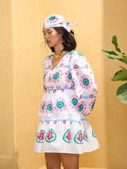 Women White Floral Wrap Neck Short Dress