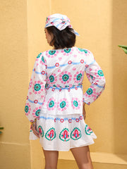 Women White Floral Wrap Neck Short Dress