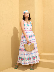 Women White Floral Strappy Tired Maxi Dress