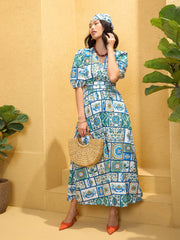 Women Blue & White Floral Back Cut Out Maxi Dress