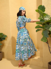 Women Blue & White Floral Back Cut Out Maxi Dress