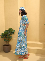 Women Blue & White Floral Back Cut Out Maxi Dress