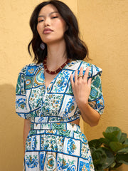 Women Blue & White Floral Back Cut Out Maxi Dress