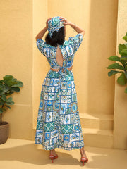 Women Blue & White Floral Back Cut Out Maxi Dress