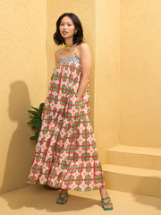 Women Red Floral Strappy Smocked Maxi Dress