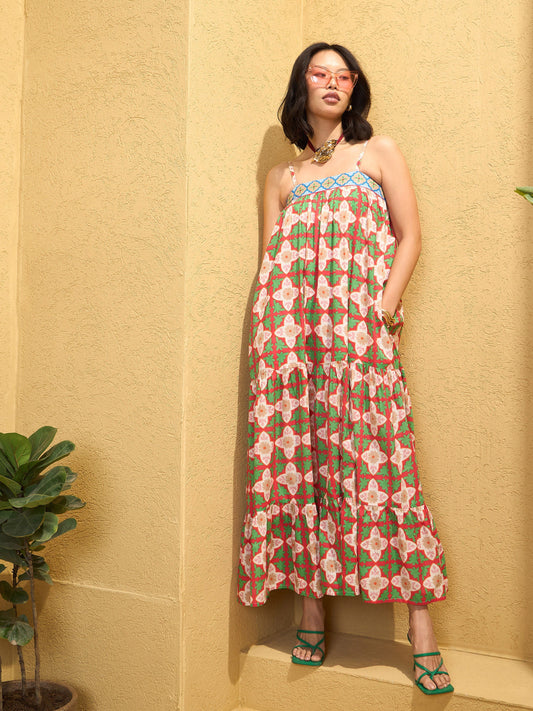 Women Red Floral Strappy Smocked Maxi Dress