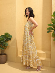 Women Yellow Floral Strappy Smocked Maxi Dress