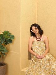 Women Yellow Floral Strappy Smocked Maxi Dress