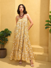 Women Yellow Floral Strappy Smocked Maxi Dress