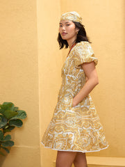 Women Yellow Floral V-Neck Short Dress