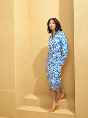 Women Blue & White Side Knot Wrap Midi Dress