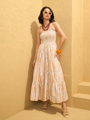 Women Beige & White Smocked Strappy Maxi Dress