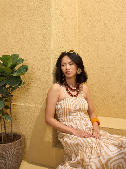 Women Beige & White Smocked Strappy Maxi Dress