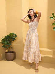 Women Beige & White Smocked Strappy Maxi Dress