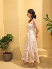 Women Beige & White Smocked Strappy Maxi Dress