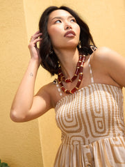 Women Beige & White Smocked Strappy Maxi Dress