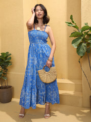 Women Blue Floral Smocked Strappy Maxi Dress