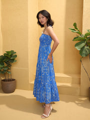 Women Blue Floral Smocked Strappy Maxi Dress