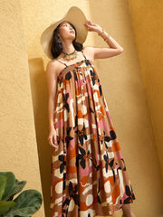 Women Brown Multi Floral Strappy Maxi Dress