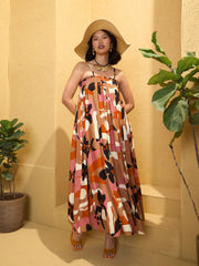 Women Brown Multi Floral Strappy Maxi Dress