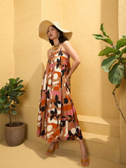 Women Brown Multi Floral Strappy Maxi Dress