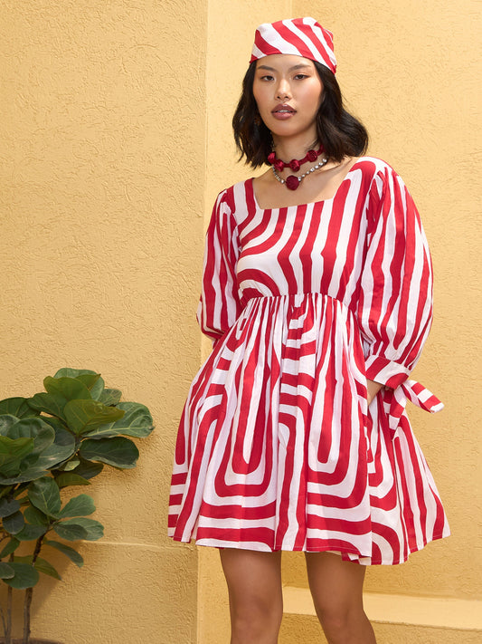 Women Red & White Sleeves Knot Short Dress