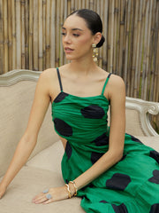 Women Green Strappy Back Cut-Out Polka Maxi