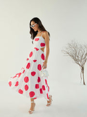 Women White Strappy Back Cut-Out Polka Maxi