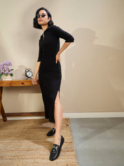 Women Black Rib Polo Neck Midi Dress