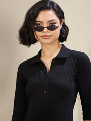 Women Black Rib Polo Neck Midi Dress