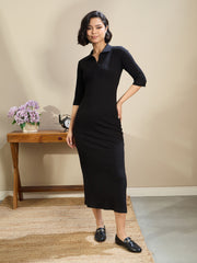 Women Black Rib Polo Neck Midi Dress