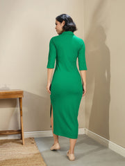 Women Green Rib Polo Neck Midi Dress