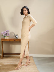 Women Beige Rib Polo Neck Midi Dress