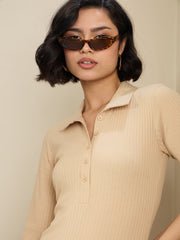 Women Beige Rib Polo Neck Midi Dress
