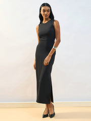 Women Black Knitted Sleveeless Bodycon Midi Dress