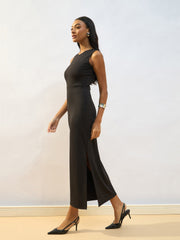Women Black Knitted Sleveeless Bodycon Midi Dress