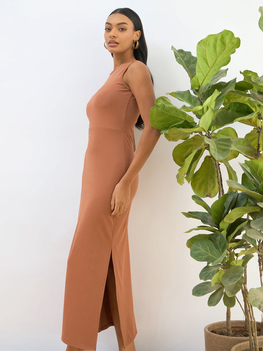 Women Rust Knitted Sleveeless Bodycon Midi Dress