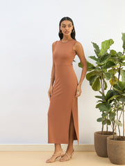 Women Rust Knitted Sleveeless Bodycon Midi Dress