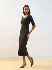Women Black Knitted Square Neck Bodycon Midi Dress