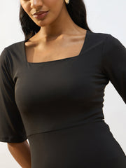 Women Black Knitted Square Neck Bodycon Midi Dress