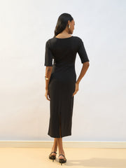 Women Black Knitted Square Neck Bodycon Midi Dress