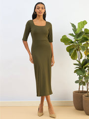 Women Olive Knitted Square Neck Bodycon Midi Dress