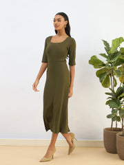 Women Olive Knitted Square Neck Bodycon Midi Dress