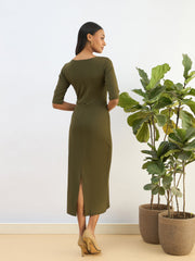 Women Olive Knitted Square Neck Bodycon Midi Dress