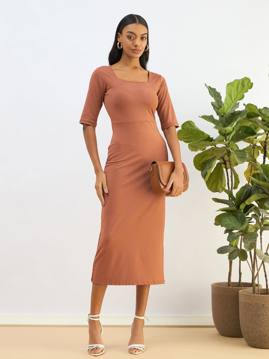 Women Rust Knitted Square Neck Bodycon Midi Dress