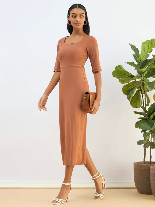 Women Rust Knitted Square Neck Bodycon Midi Dress